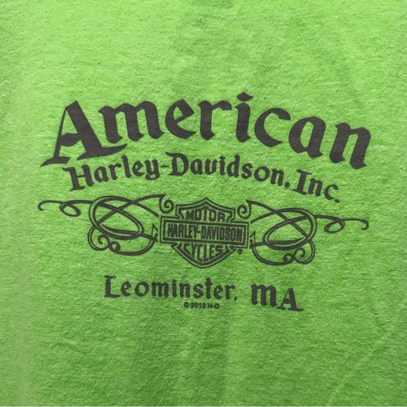 Harley-Davidson Leominster MA 2013 Women’s Green V-Neck Tee With Hanes Tag - Picture 3 of 4